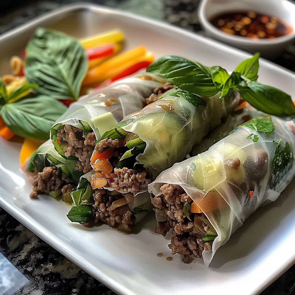A plate of food with meat and vegetables wrapped in a leaf, possibly a spring roll, is served on a dining table.