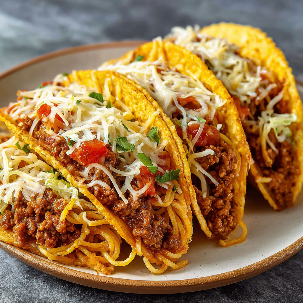 A plate of Spaghetti Tacos Ground Beef with cheese and tomatoes.