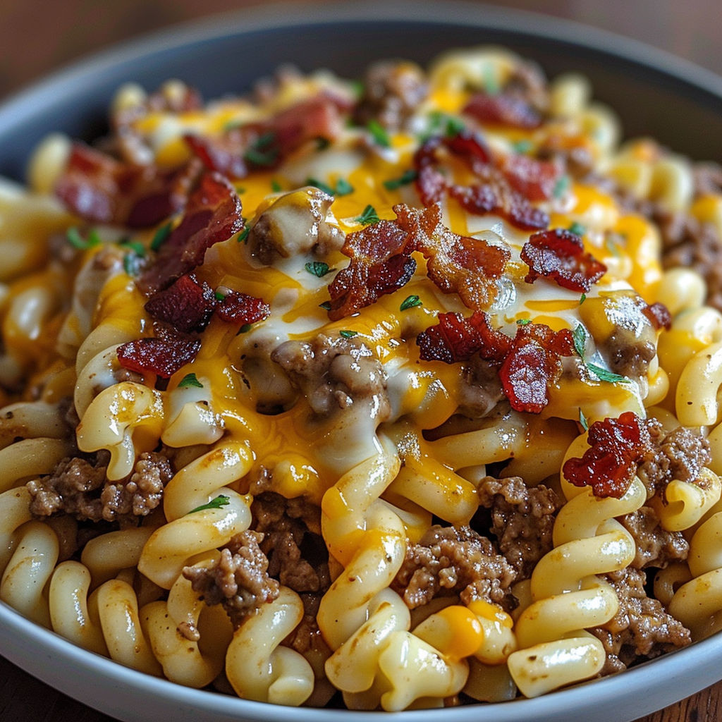 A bowl of Loaded Bacon Cheeseburger Pasta with a generous amount of cheese and bacon.