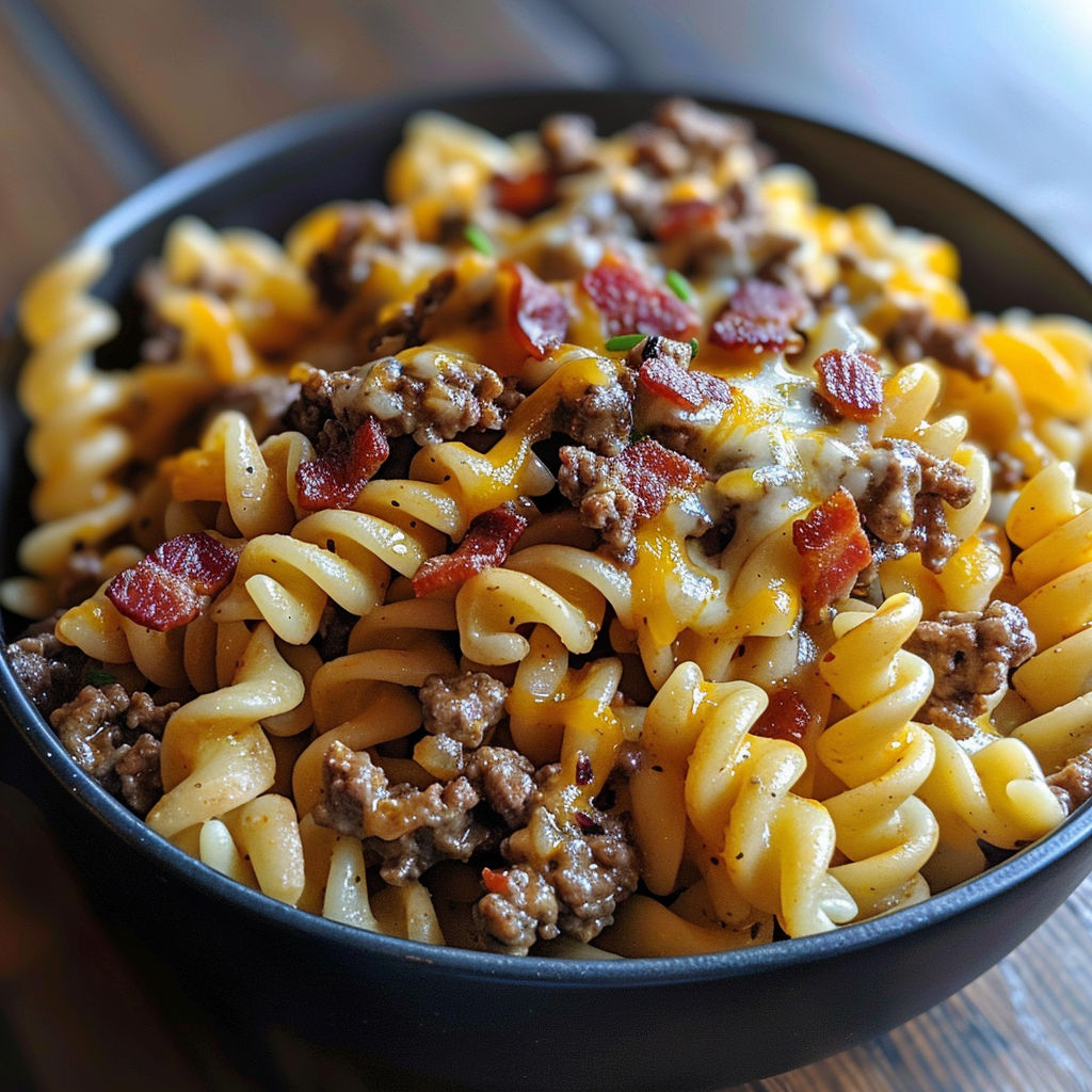 A bowl of pasta with meat and cheese, likely a bacon cheeseburger pasta dish.