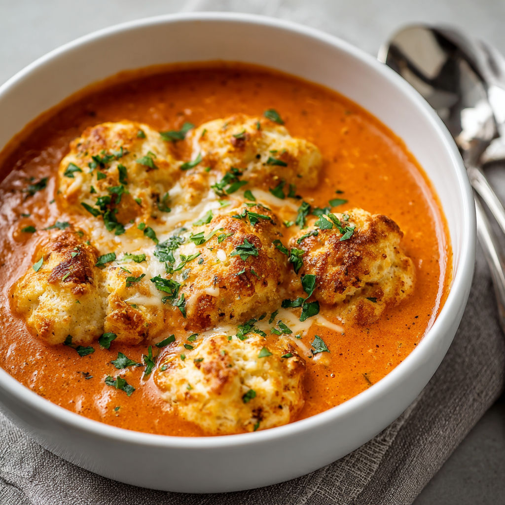 A bowl of tomato soup with cheddar cheese and herbs.