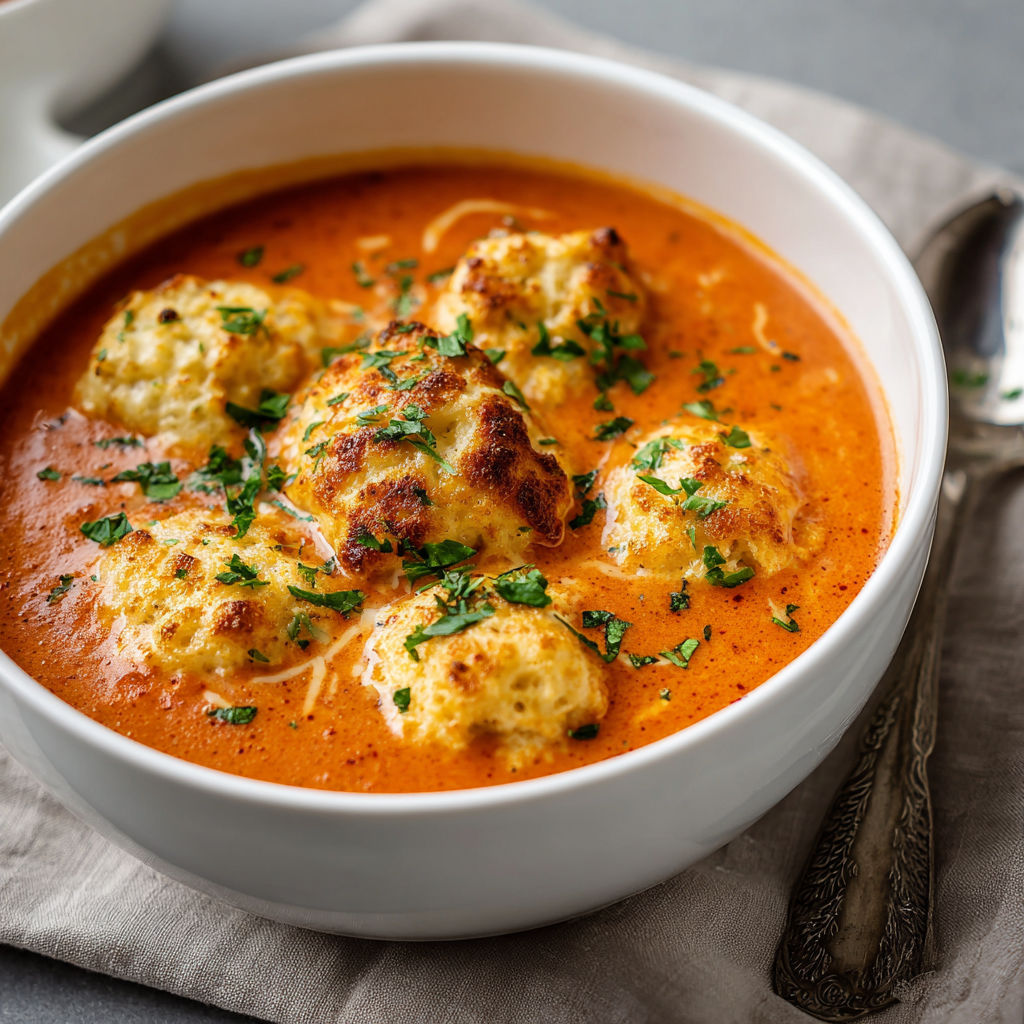 A bowl of soup with meatballs and vegetables, including broccoli and parsley.