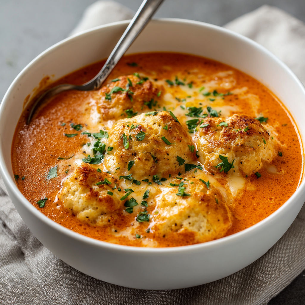 A bowl of chicken soup with a spoon in it.