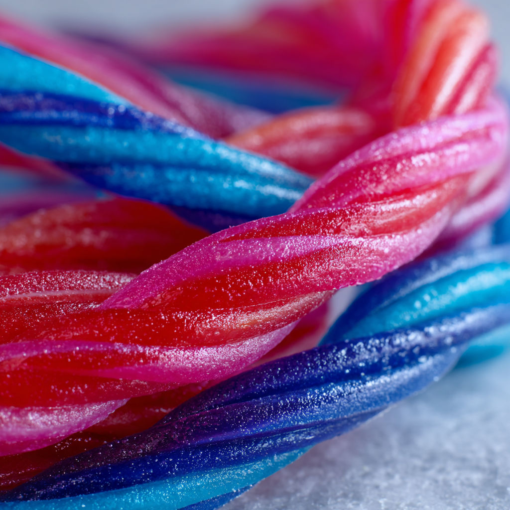 A colorful candy striped candy is wrapped around a blue and pink striped candy.