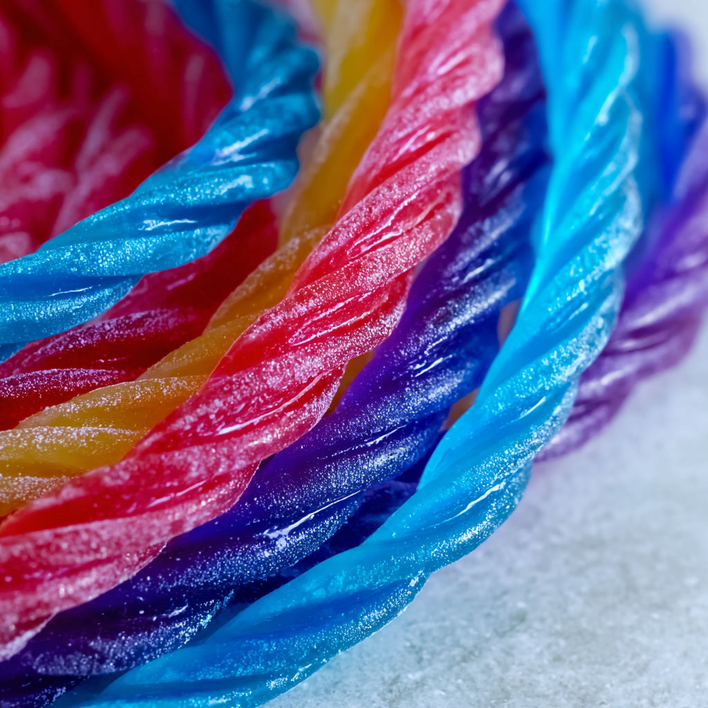 A colorful candy coil is displayed on a white surface, with the candy being made from a mixture of red, blue, and purple colors.