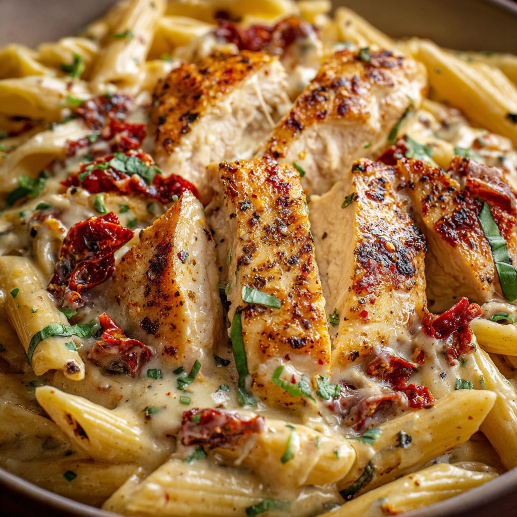A delicious Marry Me Chicken Pasta dish, featuring chicken, pasta, and a generous amount of cheese.
