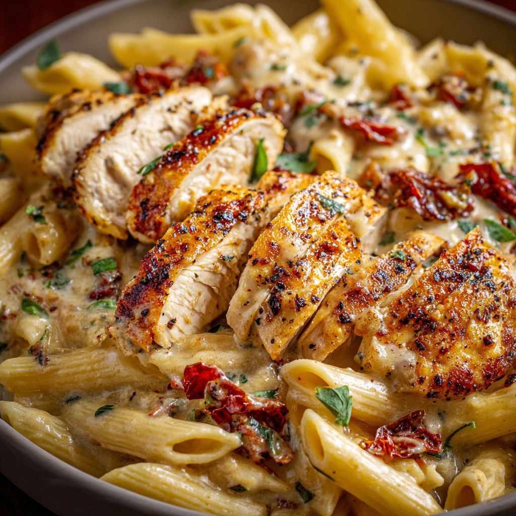 A bowl of pasta with chicken and tomatoes, served with a side of garlic bread.