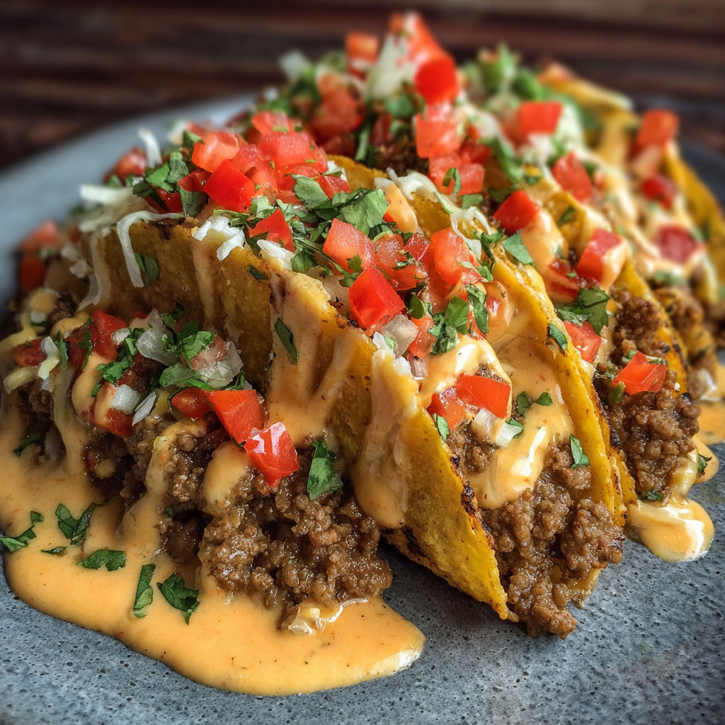 A plate of loaded tacos with a creamy cheese sauce.