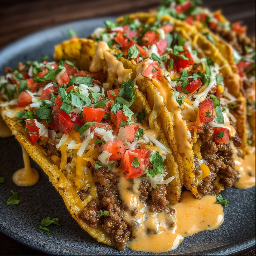 A plate of delicious Mexican food, including meat and cheese, is served on a wooden table.