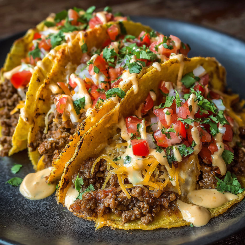 A plate of Mexican food, including tacos and burritos, is topped with various condiments and garnishes.