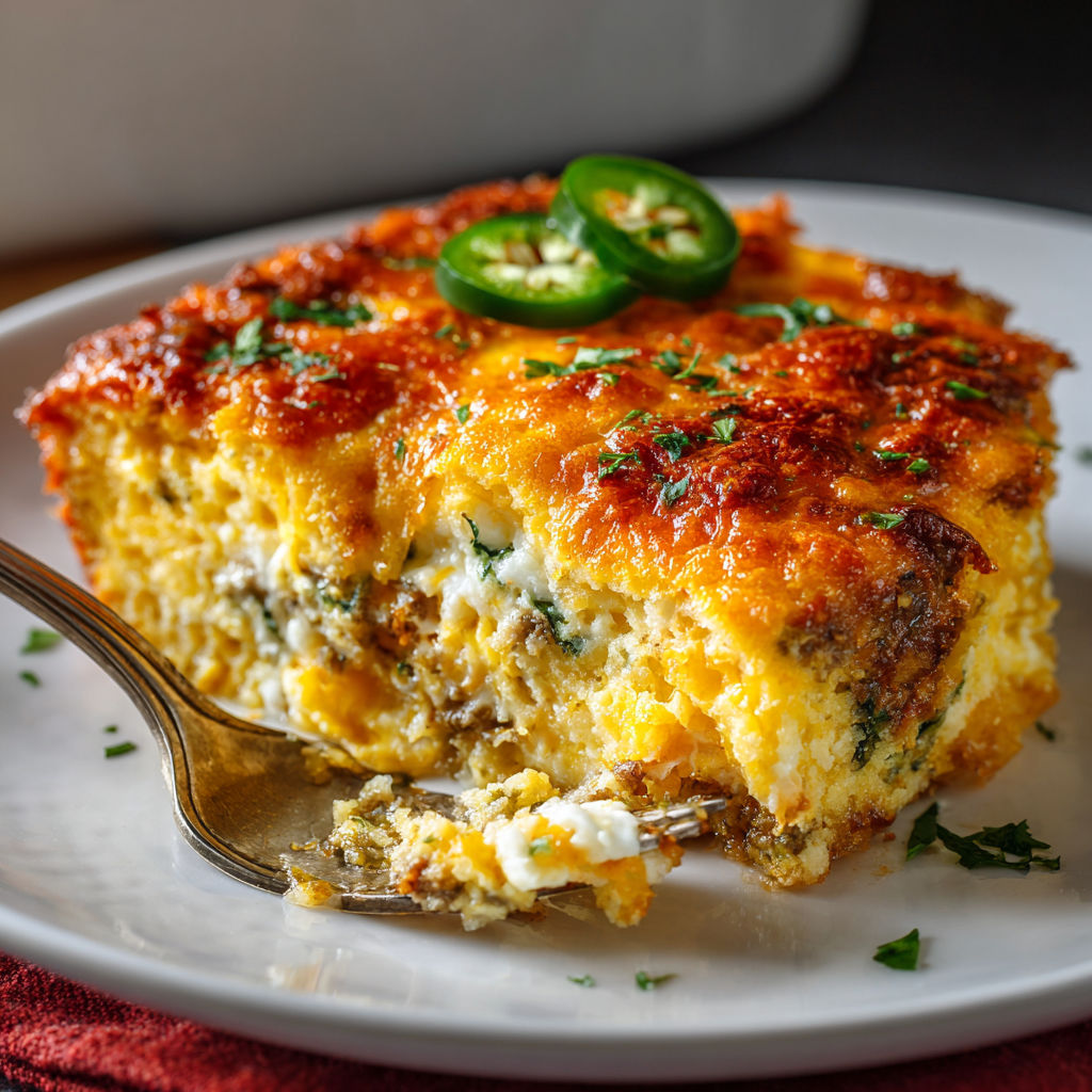 A slice of quiche with jalapenos on top.