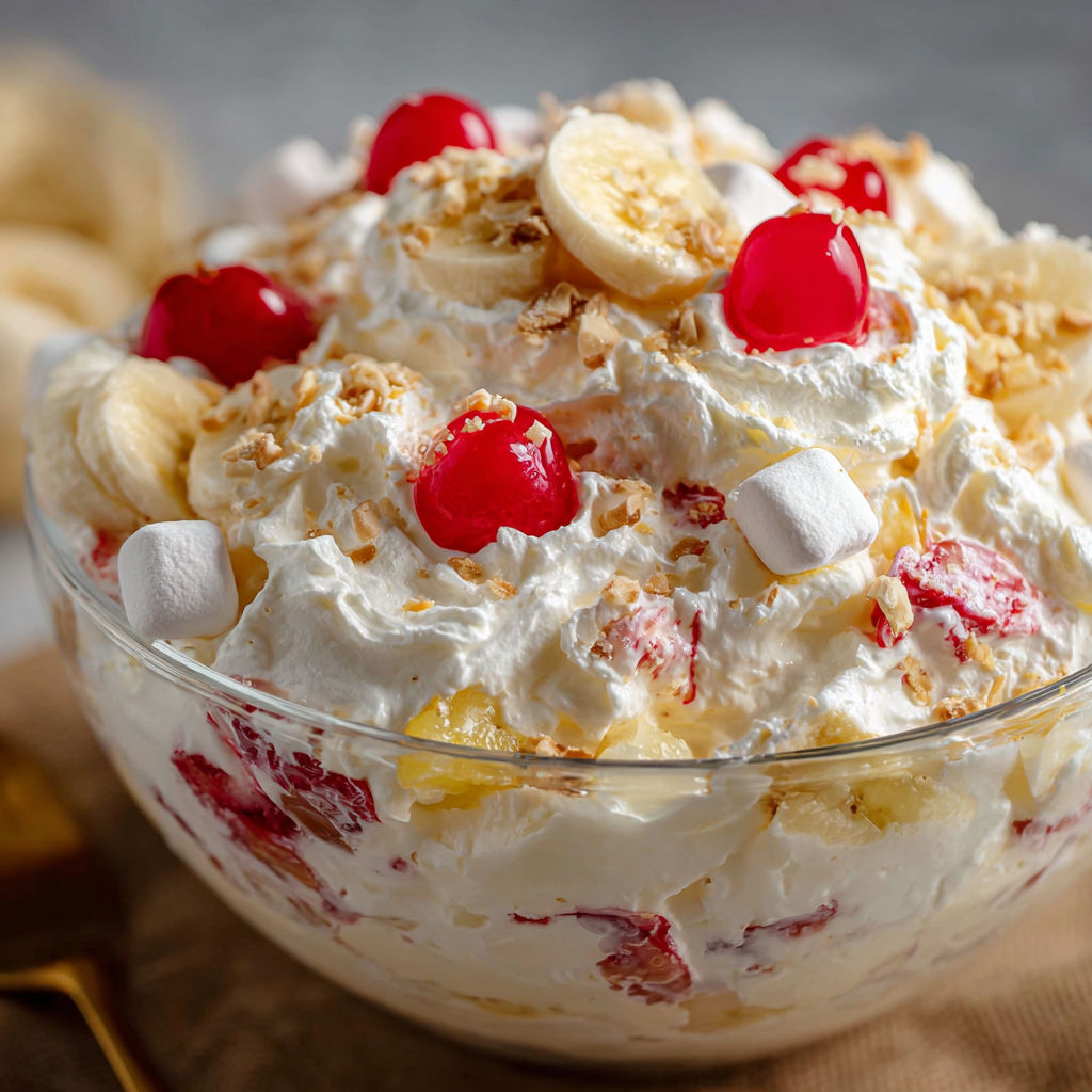 A delicious Banana Split Fluff Salad Recipe is displayed in a glass bowl, featuring a creamy white base, bananas, and cherries.