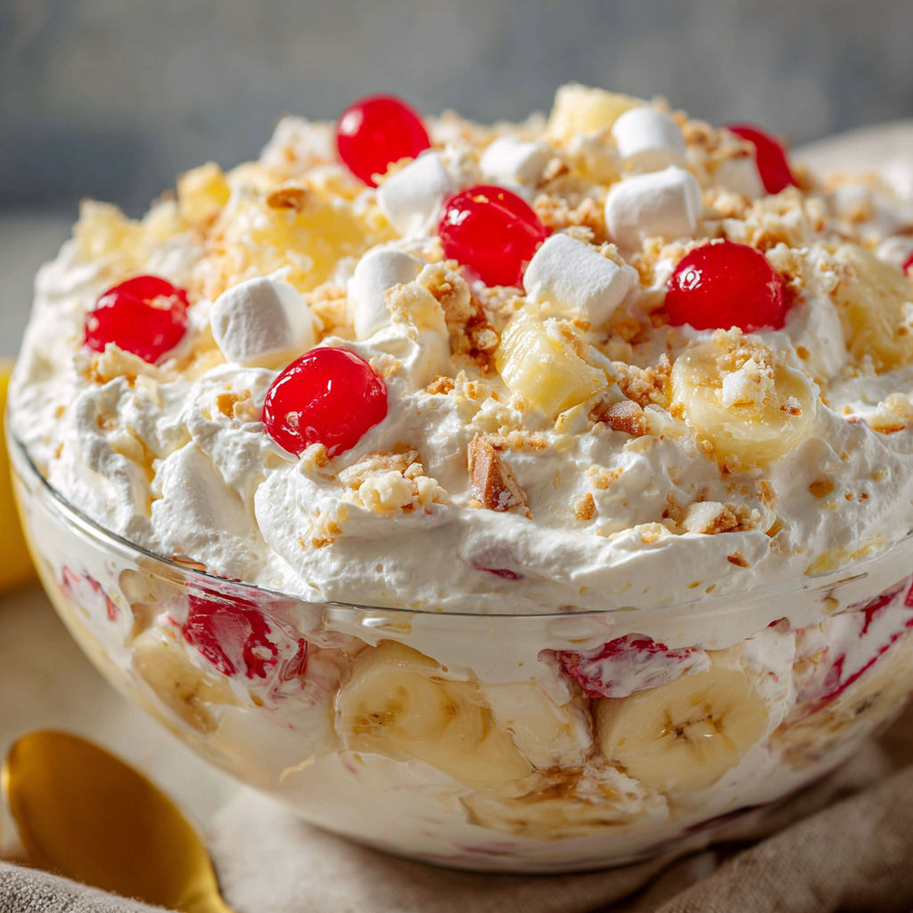 A Banana Split Fluff Salad Recipe is displayed in a glass bowl, topped with bananas, whipped cream, and cherries.