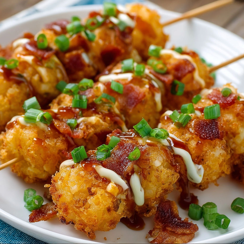 A plate of Loaded Tater Tot Skewers with bacon and cheese.