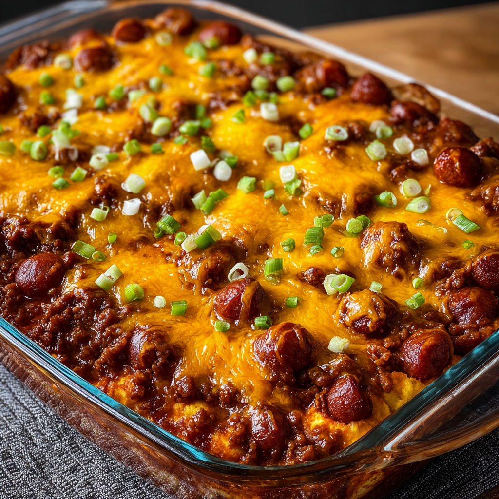 A delicious chili cheese dog casserole is ready to be eaten.