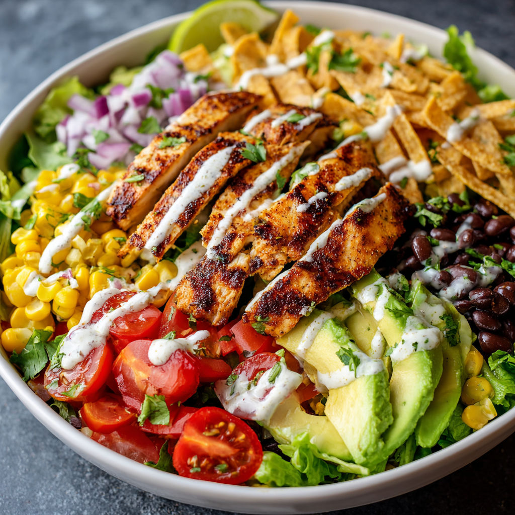 A bowl of Spicy Southwest Salad with chicken, tomatoes, avocado, and tortilla chips.