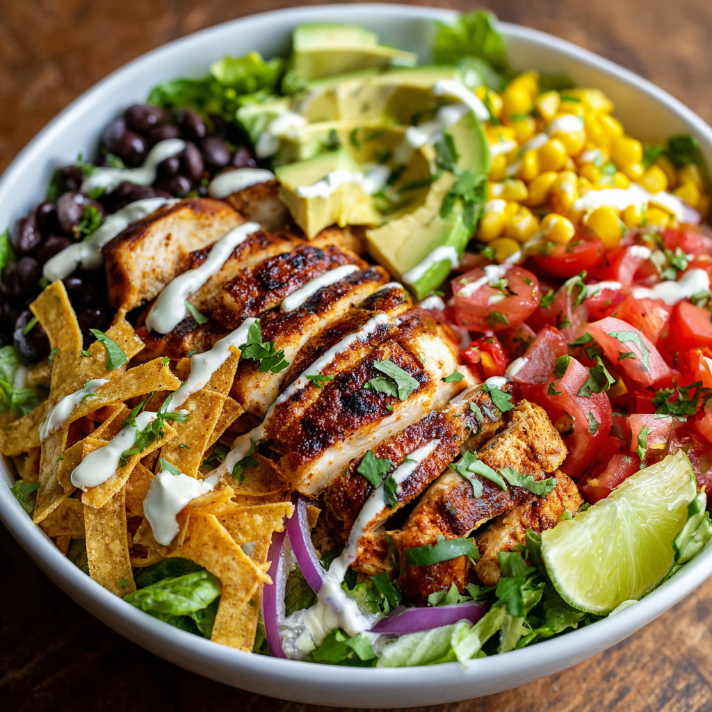 A bowl of food containing chicken, avocado, tomatoes, and beans, with a side of chips.