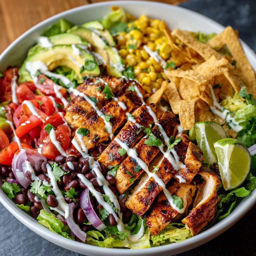 A bowl of food containing chicken, corn, tomatoes, and avocado, with a white sauce drizzled over it.