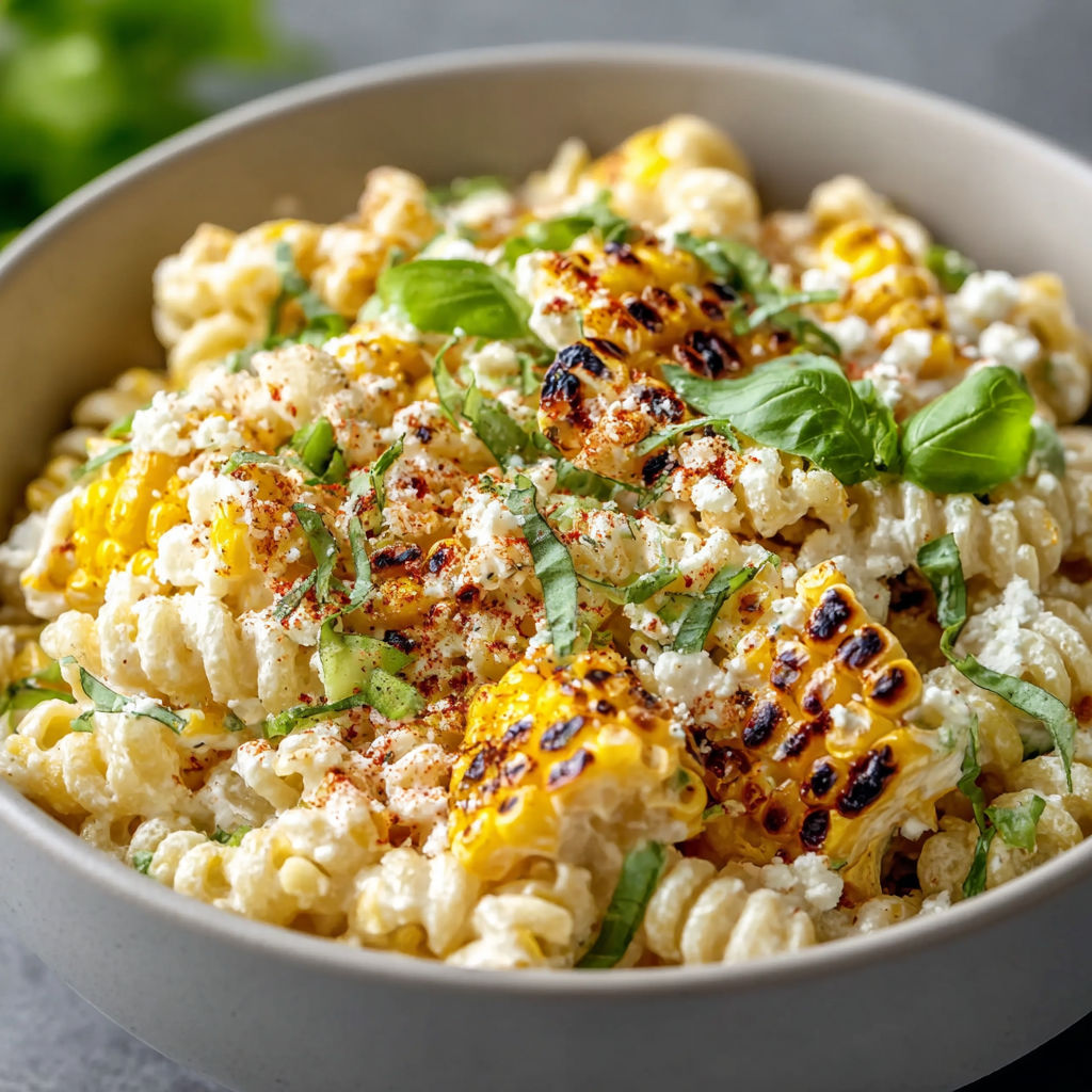 A bowl of creamy street corn pasta salad with corn, cheese, and herbs.