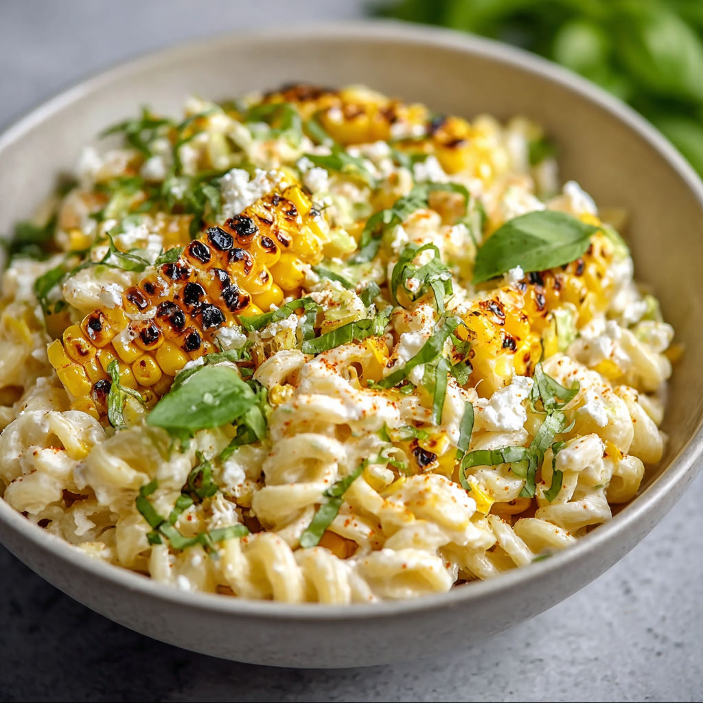 A bowl of pasta with corn and cheese, possibly a corn and cheese pasta salad.