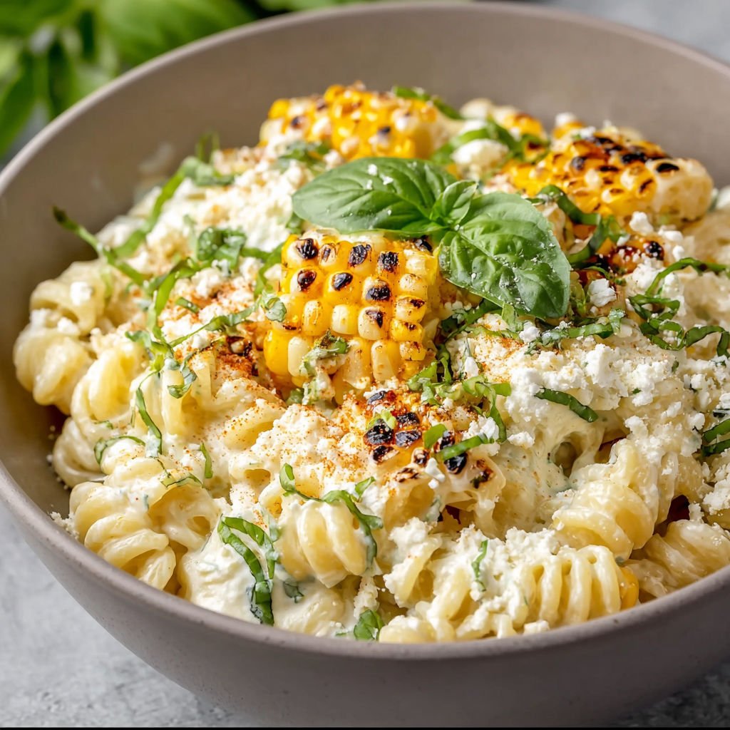 A bowl of pasta with corn and cheese, garnished with basil.