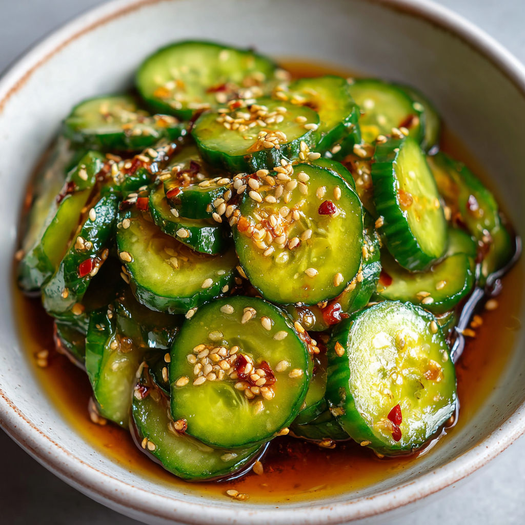 A bowl of cucumber salad with sesame seeds and a spicy sauce.