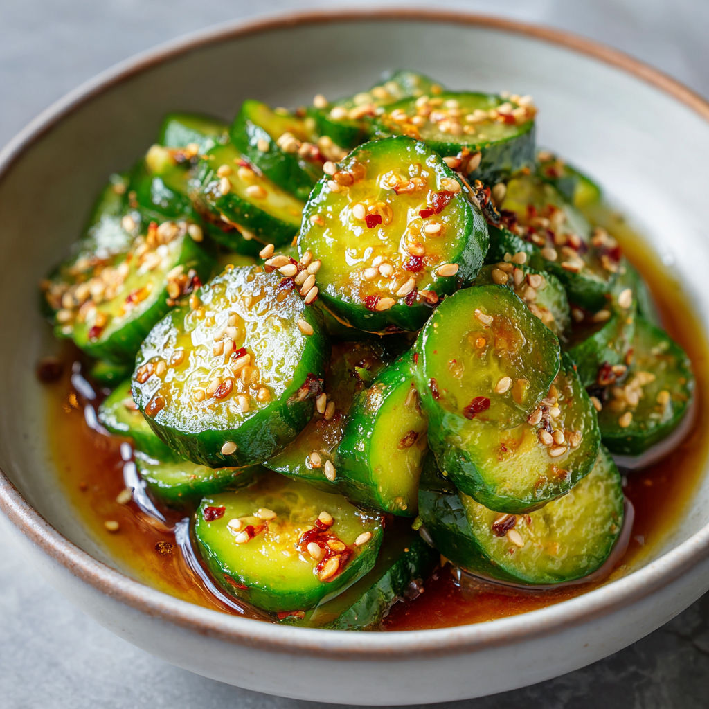 A bowl of cucumber salad with sesame seeds and a sauce.