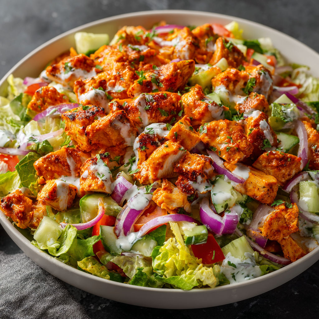 A bowl of Honey Hot Chicken Salad with a variety of vegetables and sauces.