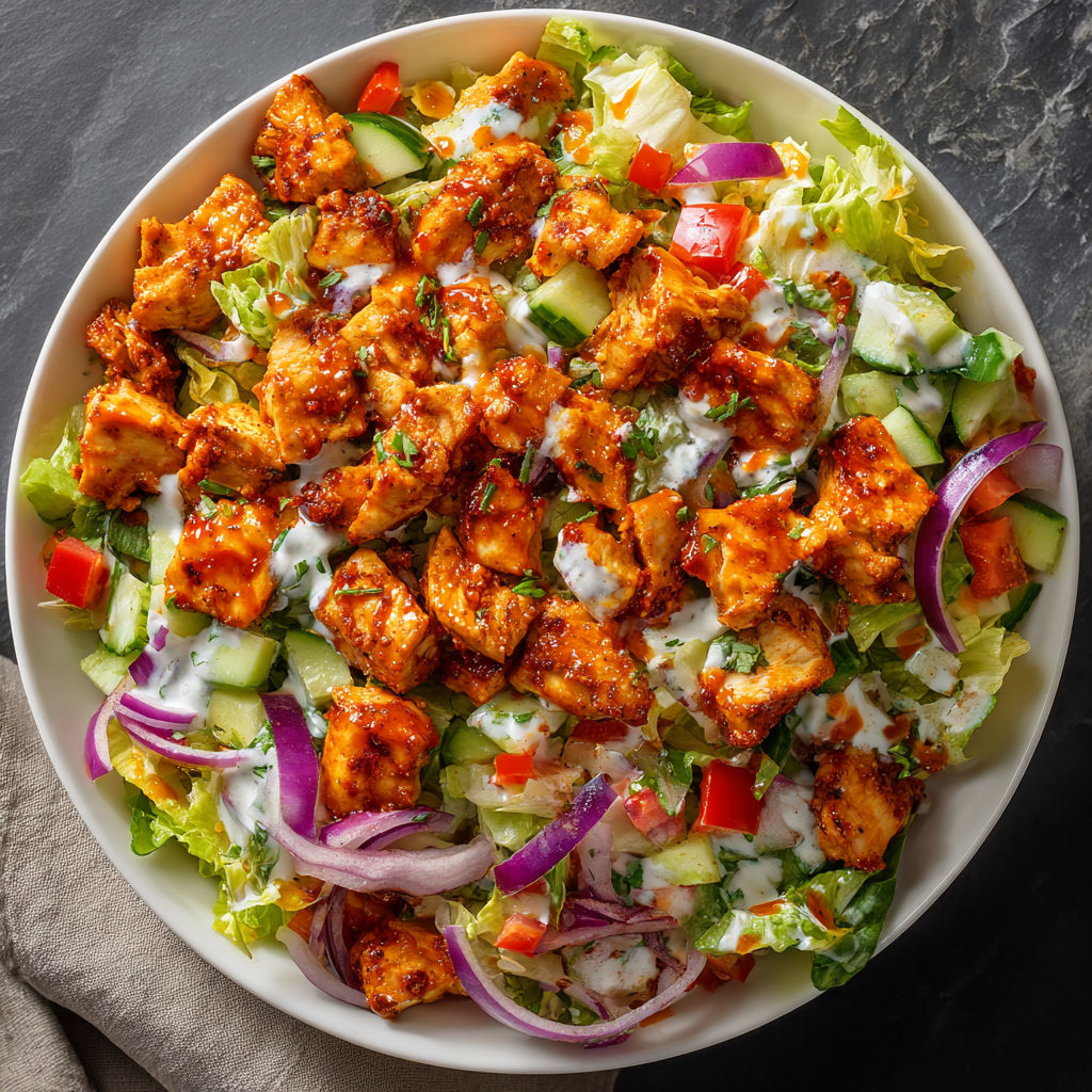 A plate of chicken and vegetable salad with a side of ranch dressing.