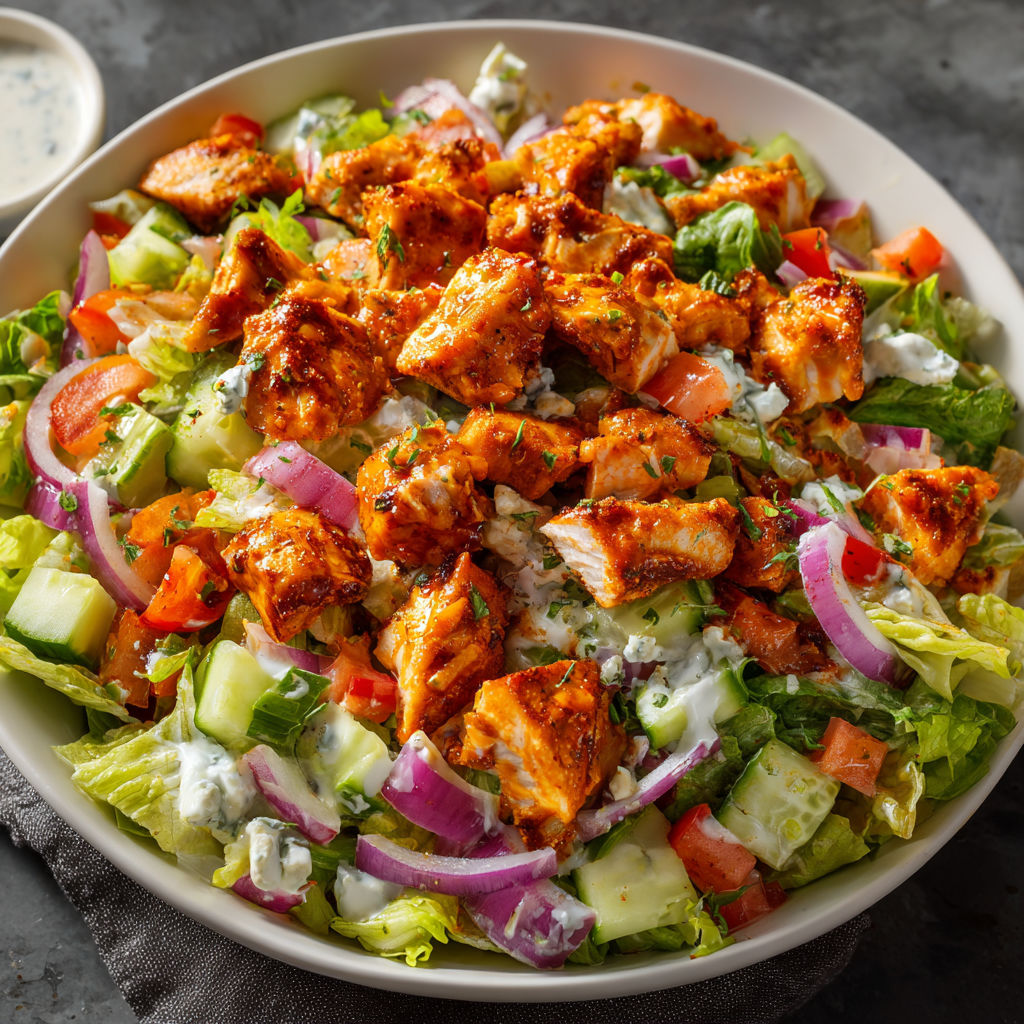 A bowl of chicken salad with a variety of vegetables, including lettuce, tomatoes, and onions.