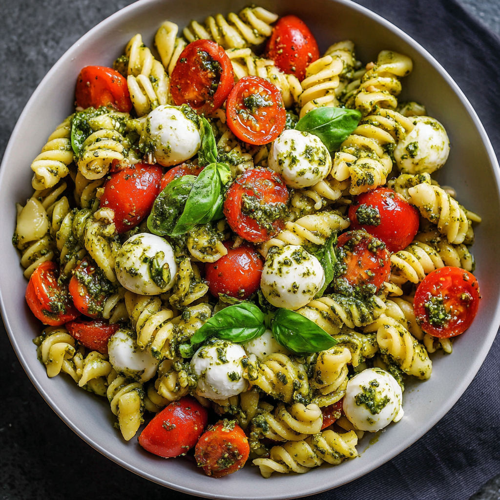 A bowl of Pesto Caprese Pasta Salad is filled with pasta, tomatoes, and spinach.