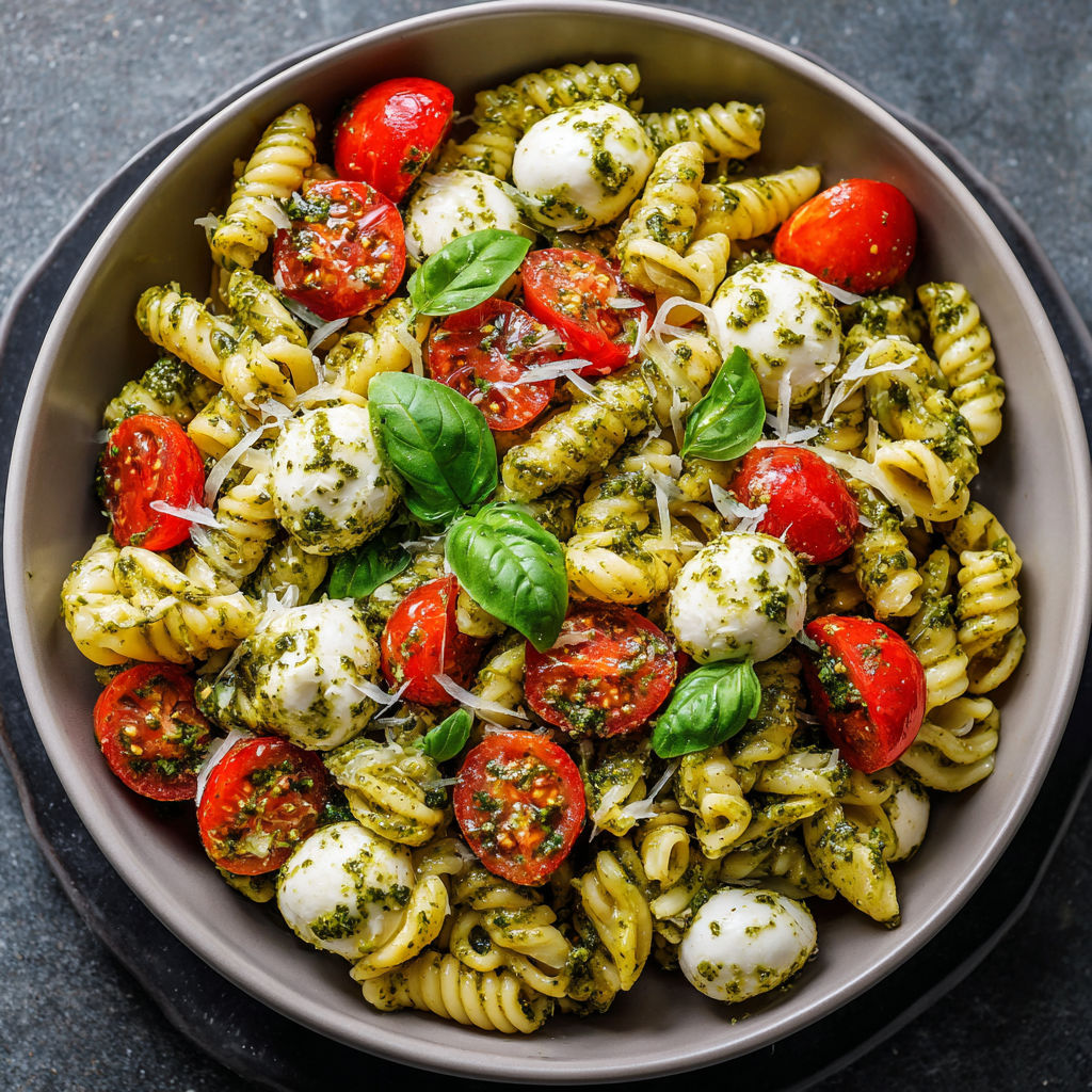 A bowl of pasta with tomatoes, spinach, and cheese.