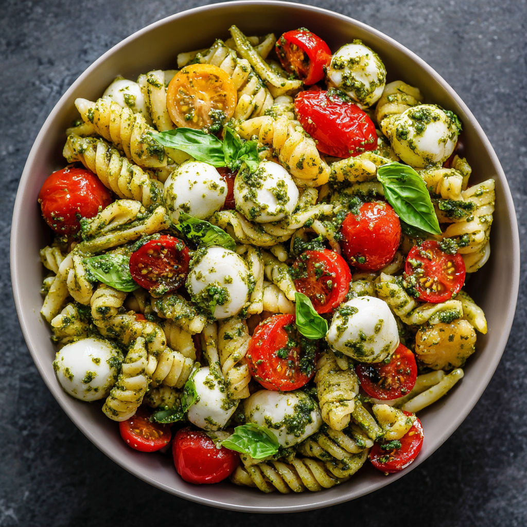 A bowl filled with pasta, tomatoes, and cheese, topped with basil leaves.