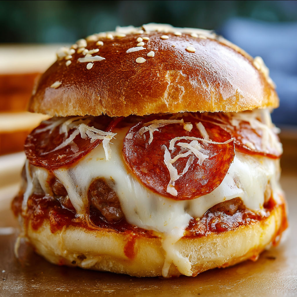 A delicious pizza burger with melted cheese and pepperoni.