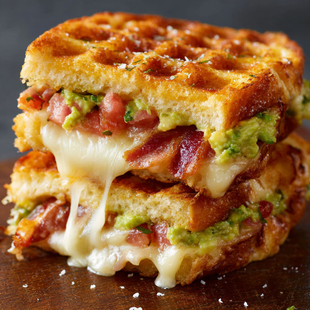 A stack of waffles with cheese and bacon on top, resembling a pizza.