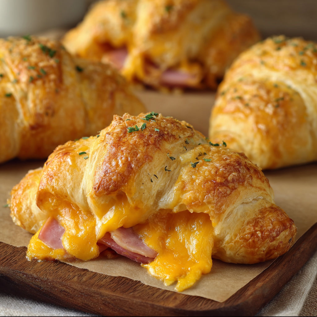 A delicious looking  cheddar crescent roll-up is served on a wooden platter.
