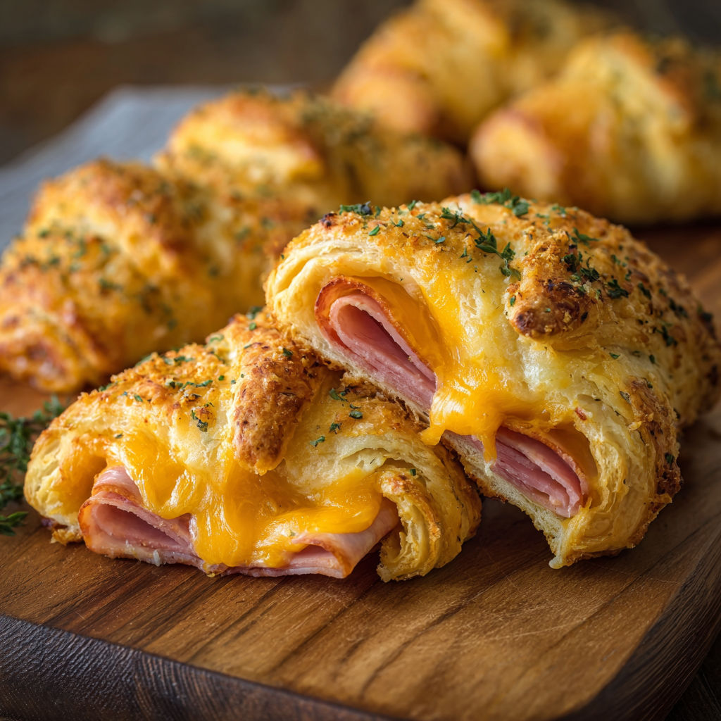 A delicious pastry filled with cheese and ham sits on a wooden cutting board, ready to be enjoyed.