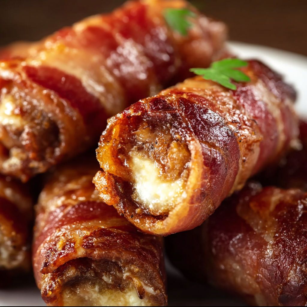 A plate of bacon wrapped meat rolls with cheese and herbs, ready to be cooked.