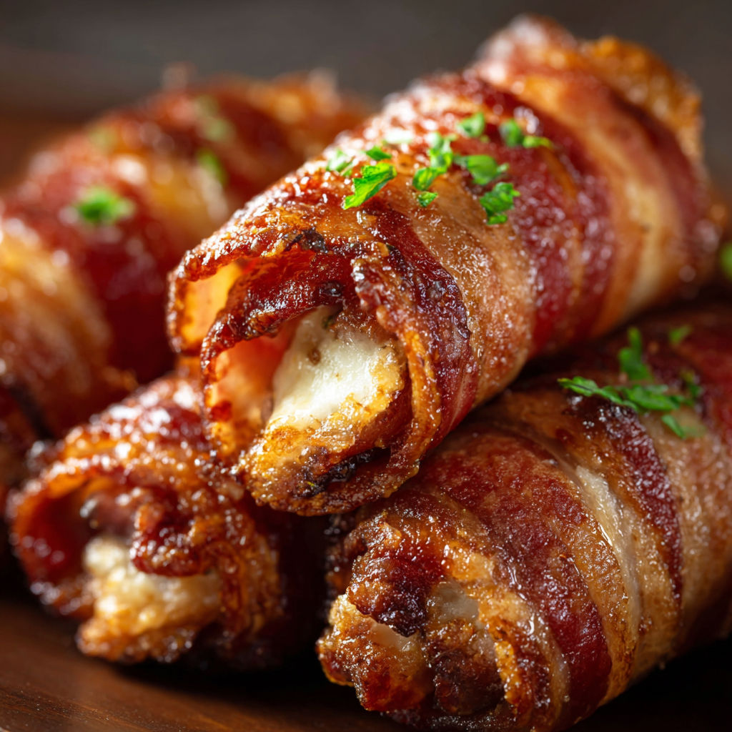 A delicious bacon wrapped appetizer is served on a wooden platter.
