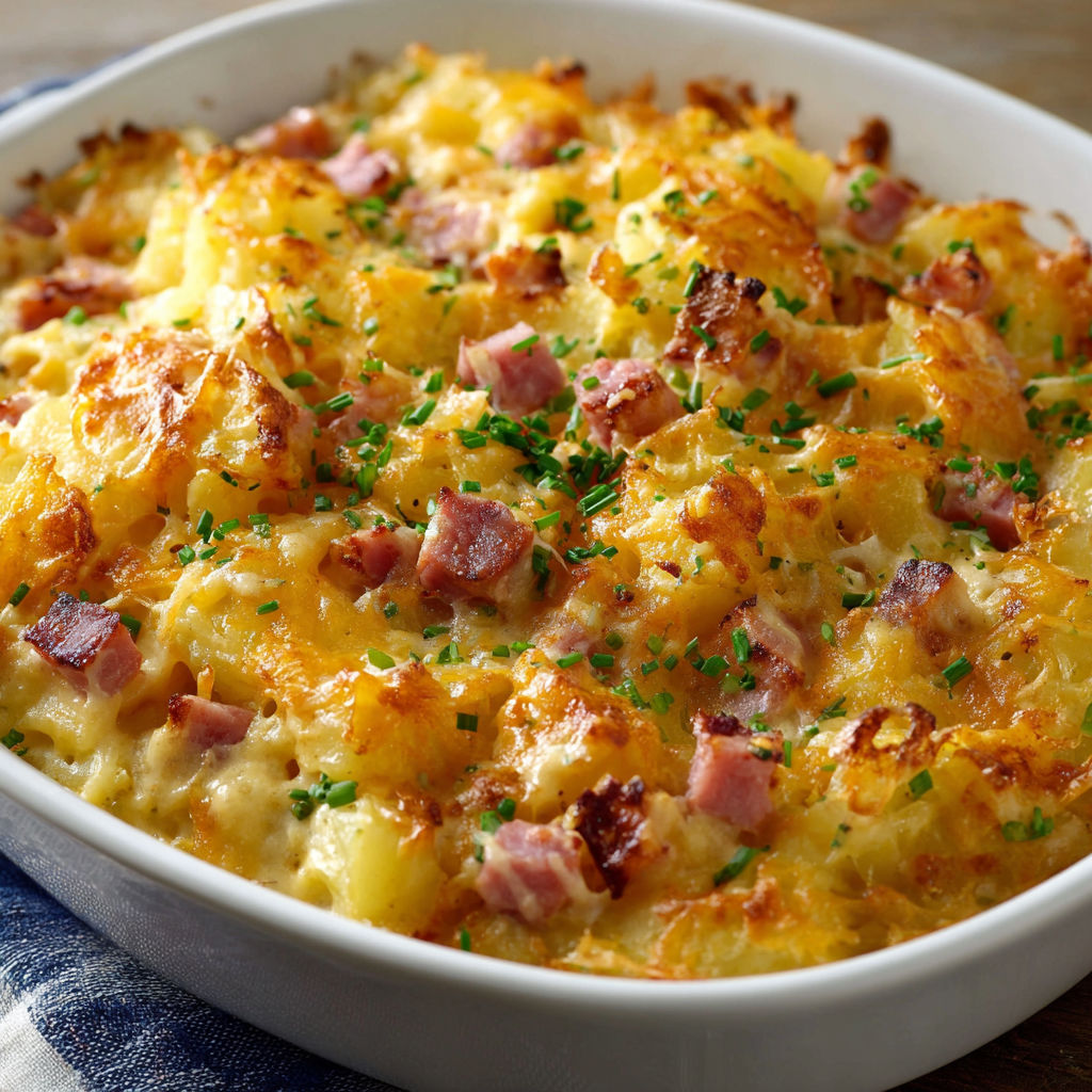 A delicious casserole dish filled with cheese, potatoes, and ham, ready to be served.