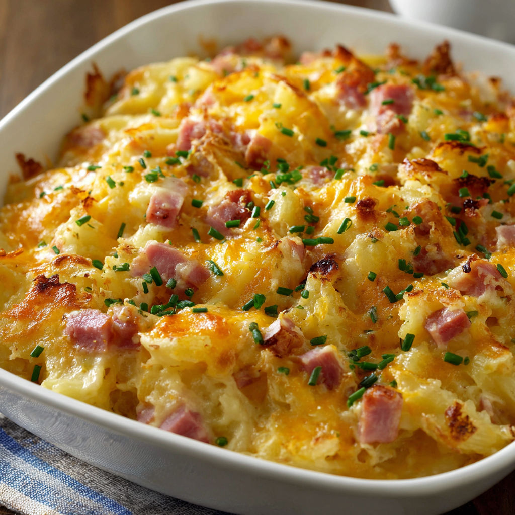 A delicious casserole dish filled with cheese, ham, and potatoes, ready to be served.