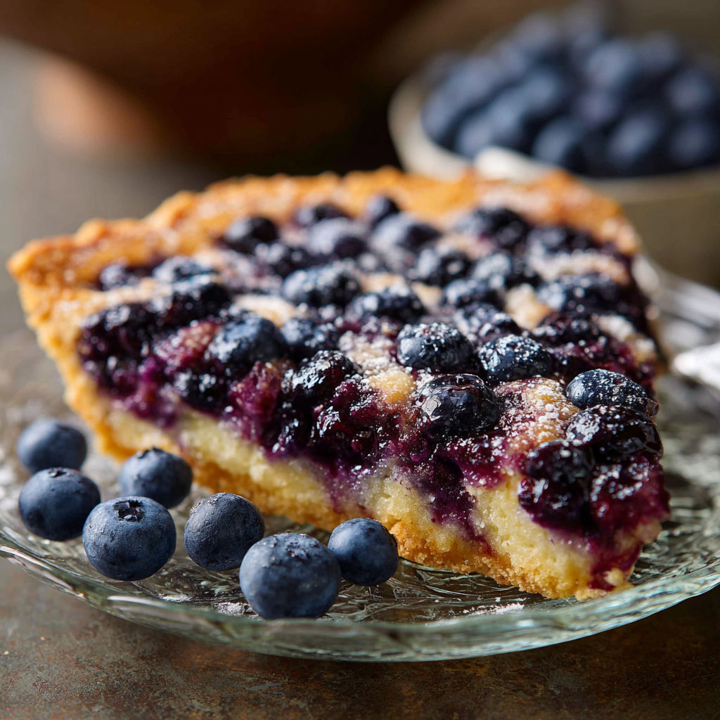 A slice of crustless blueberry pie on a glass plate.
