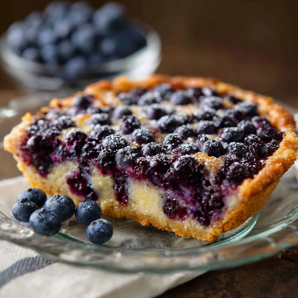 A slice of blueberry cheesecake pie on a glass plate.