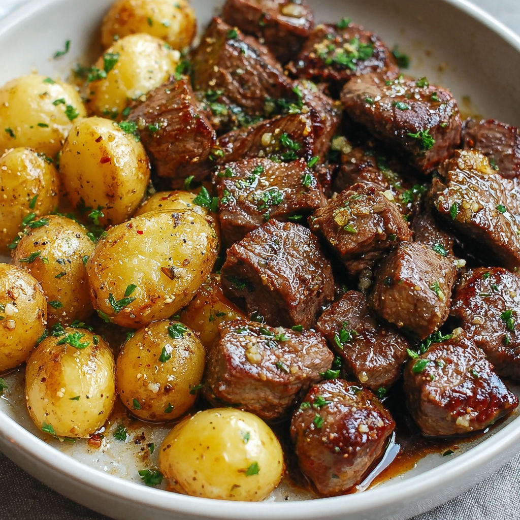 A plate of beef and potatoes with garlic butter.