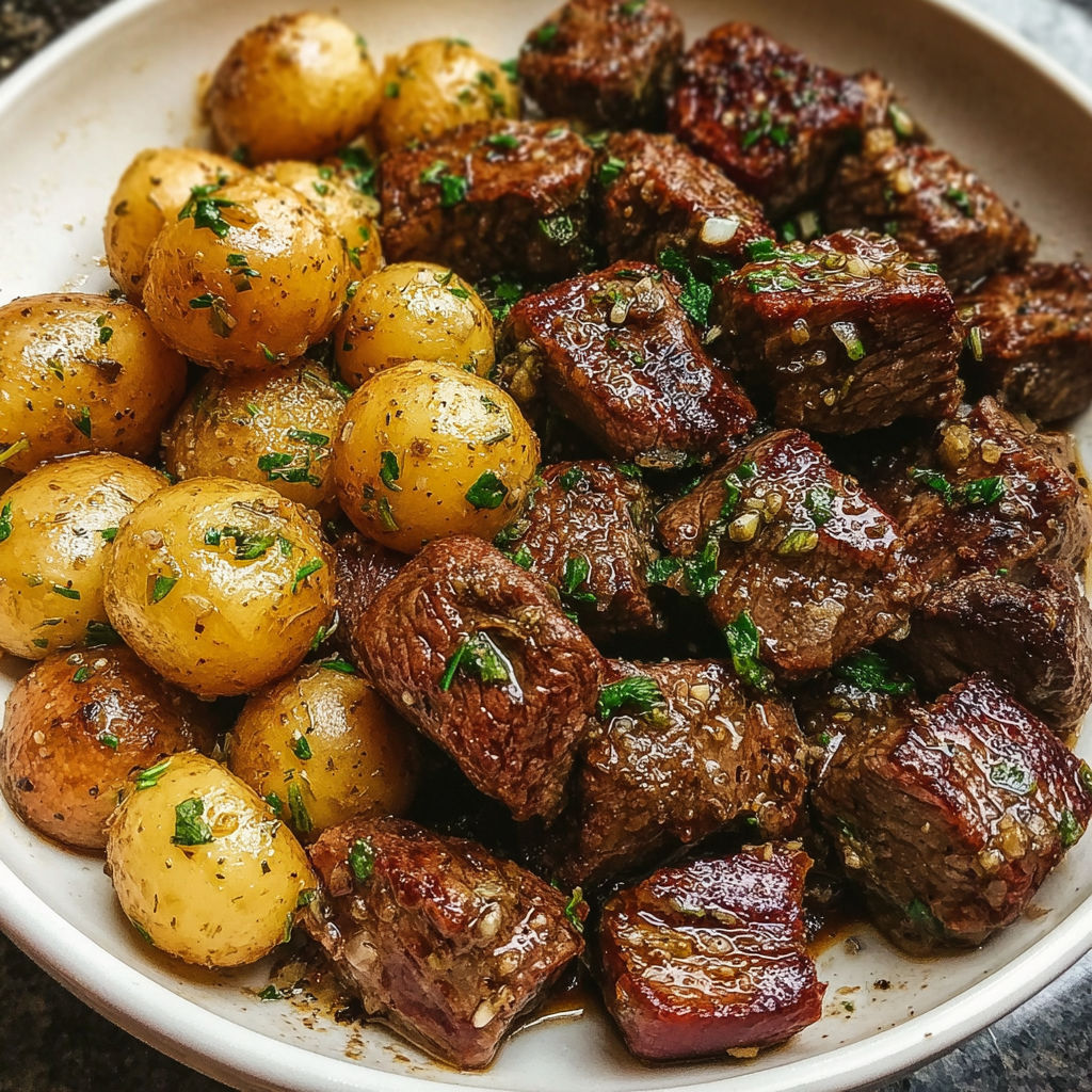 A bowl of beef and potatoes, with the beef being cooked to perfection.