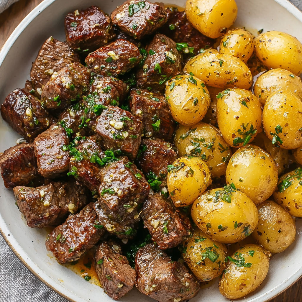 A bowl of beef and potatoes with a green herb on top.