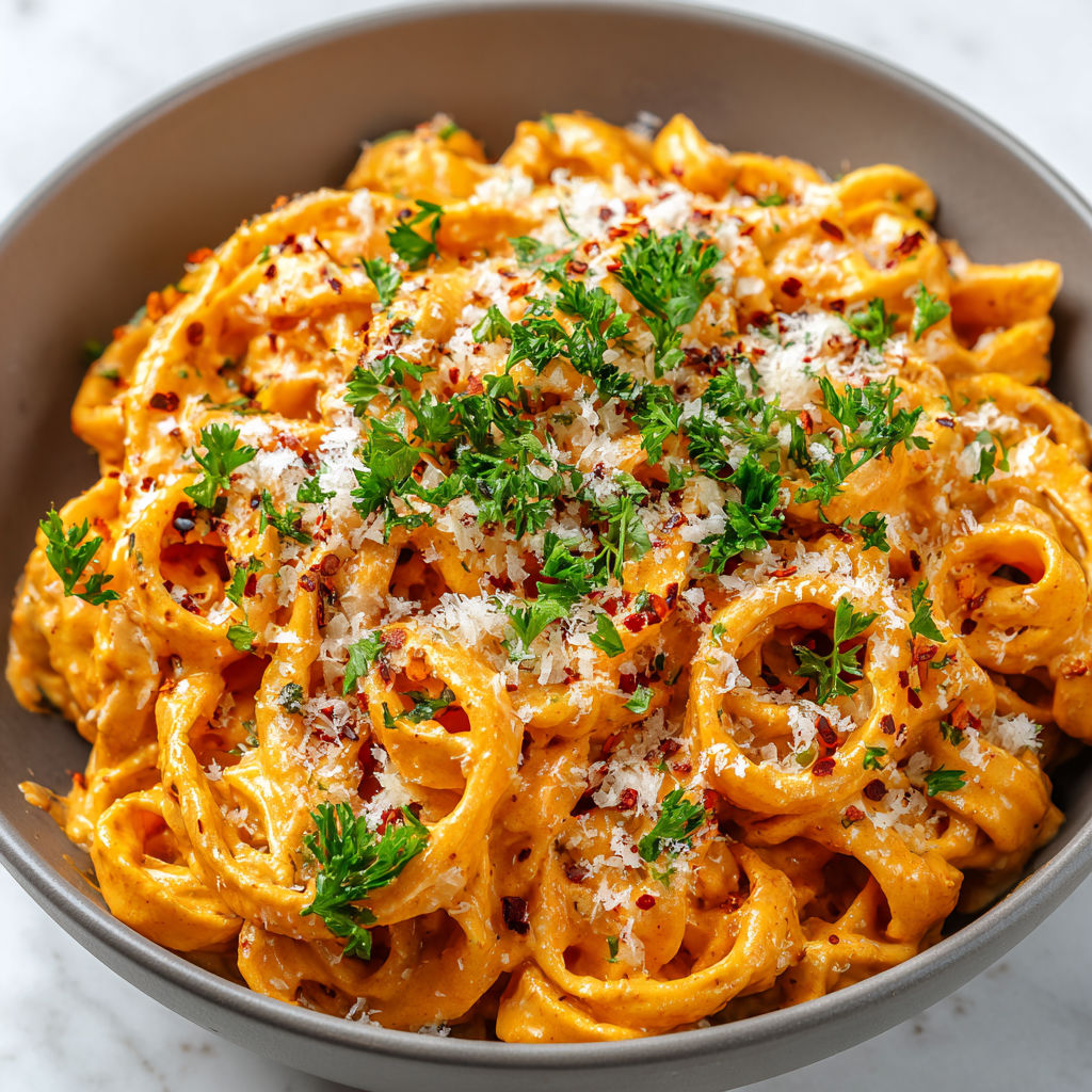 A bowl of Creamy Gochujang Pasta with a generous amount of Parmesan cheese and herbs.