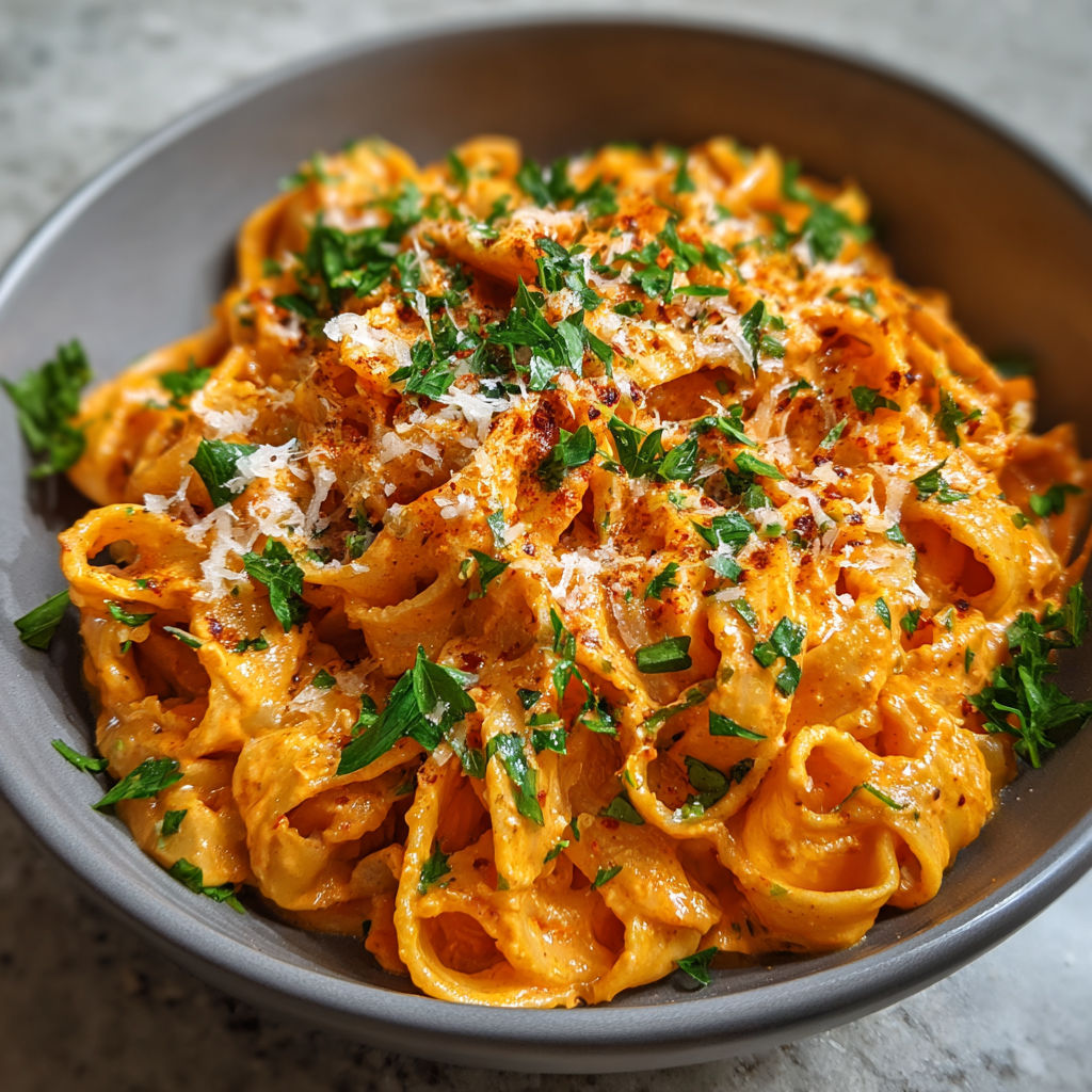 A bowl of pasta with cheese and herbs, possibly a dish called "Penne alla Vodka.
