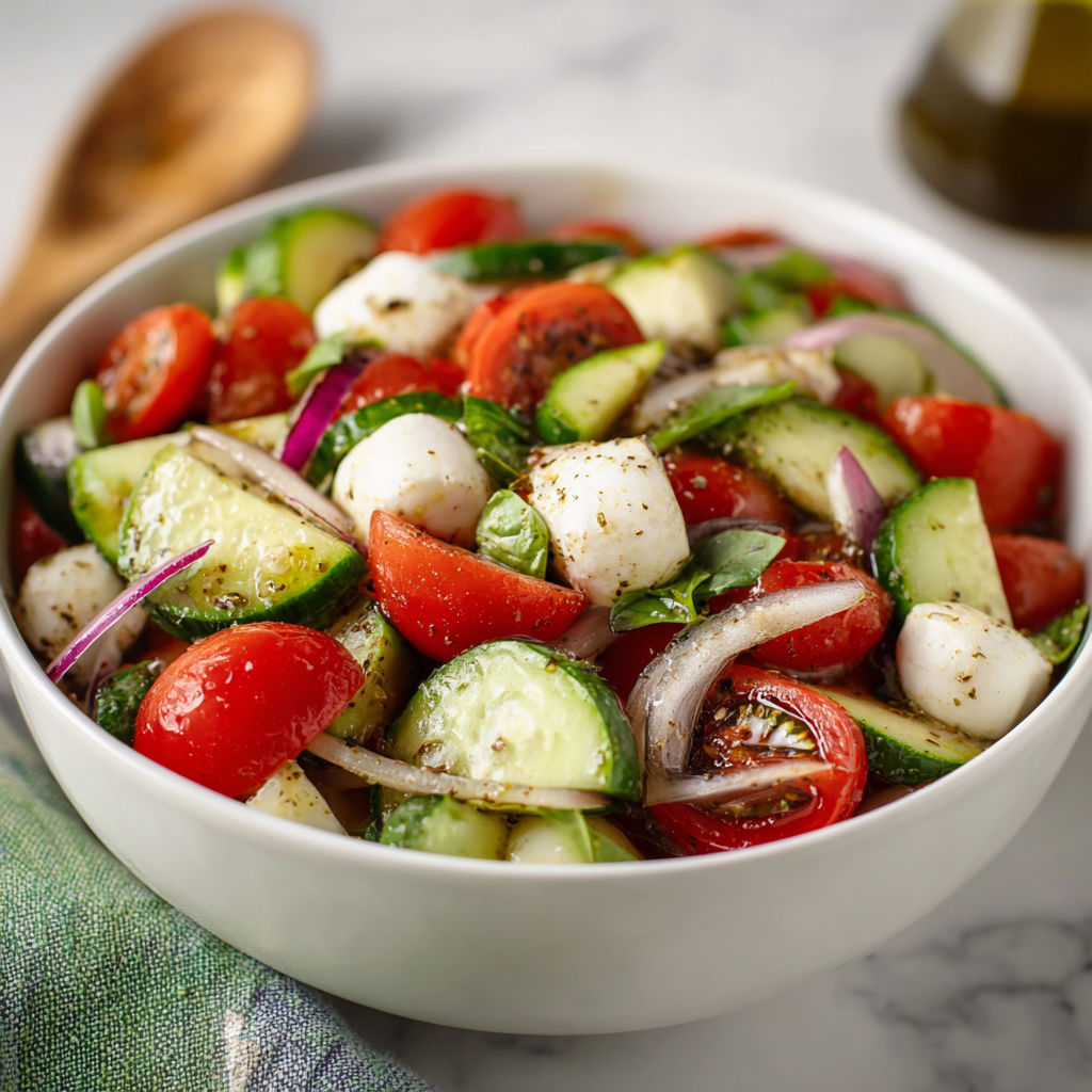 A bowl of fresh cucumber caprese salad with tomatoes, onions, and cheese.