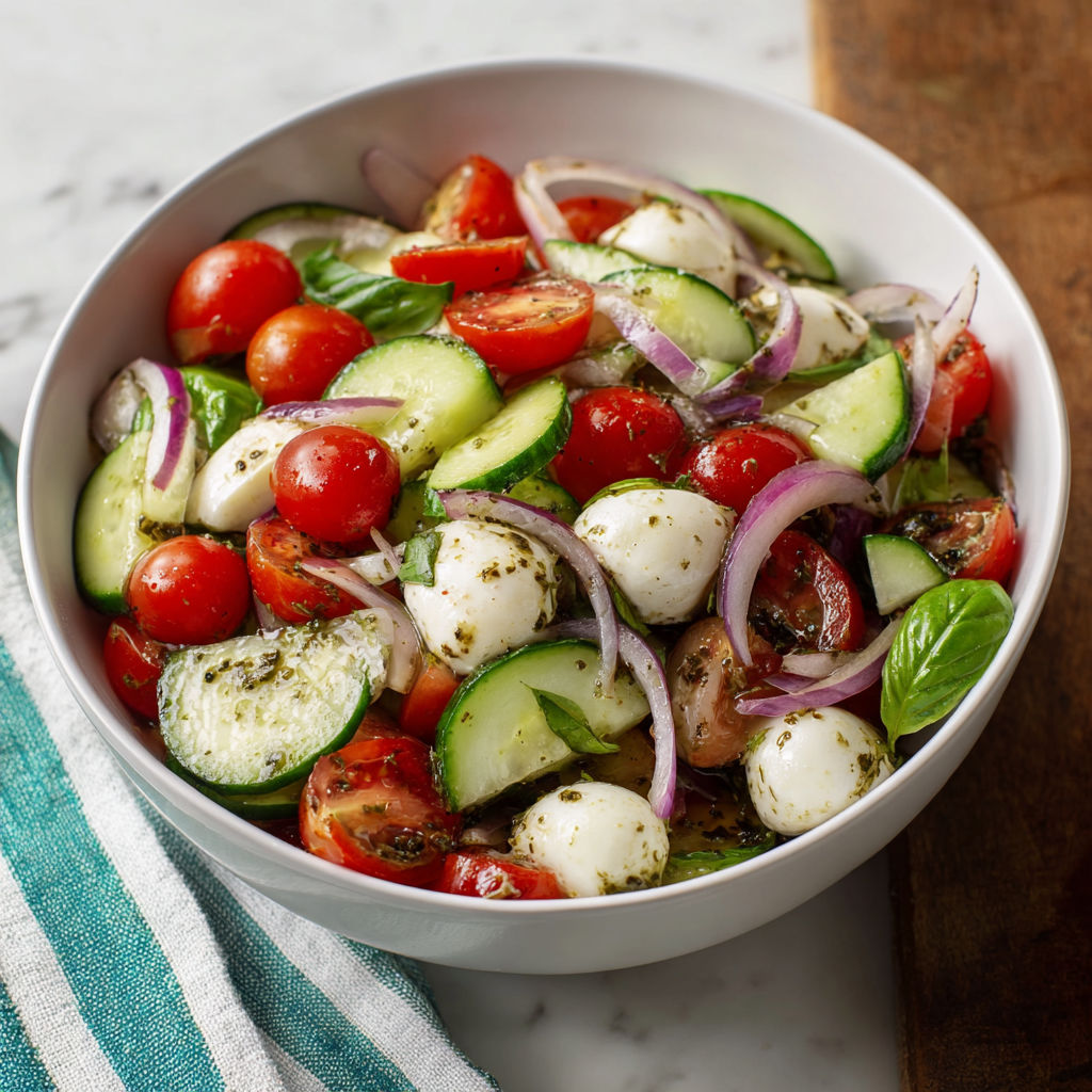 A bowl of fresh cucumber caprese salad with tomatoes, onions, and cheese.